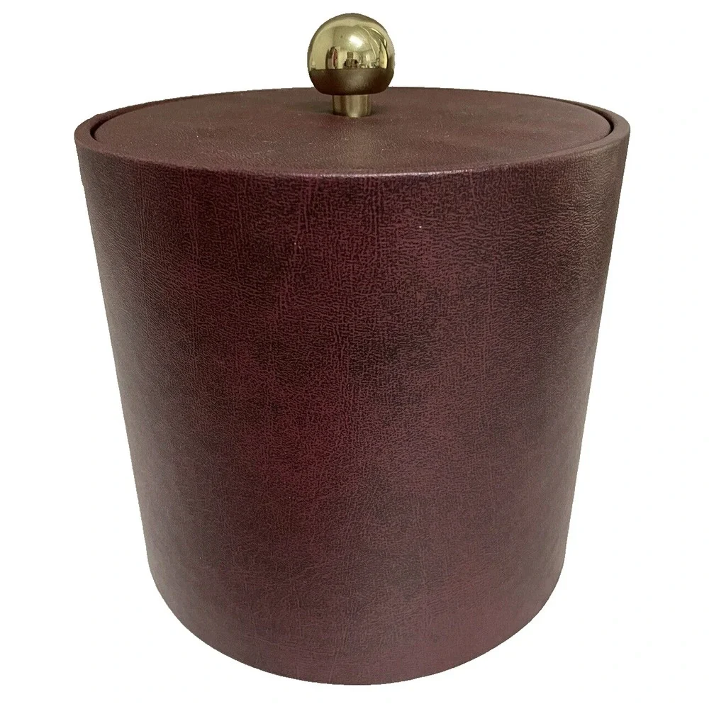 Vintage Erwyn Burgundy Leatherette Ice Bucket Brass Knob